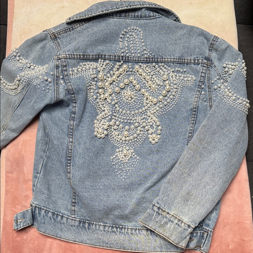 Embellished Denim Jacket with Pearl Accents